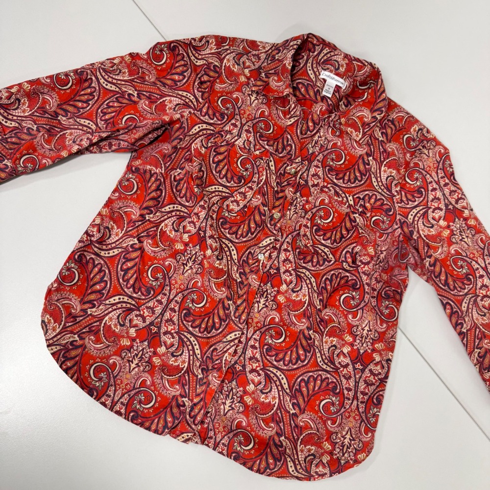 Croft & Barrow Button Down Shirt Womens Petite M Red Paisley EUC Long Sleeve